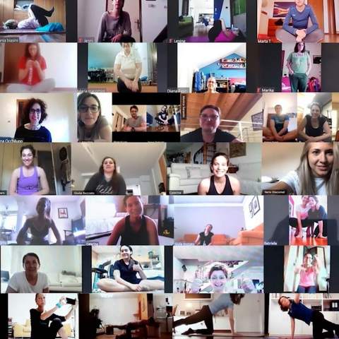 Collage di allieve collegate a una lezione online di Cuerpo